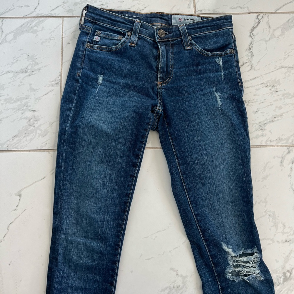 AG Medium Dark Denim The Legging Ankle Jean Distressed Skinny size 24 R